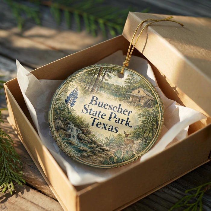 A decorative ornament in a box, featuring a scenic landscape with a house and trees, with the text "Buescher State Park, Texas" printed on it.