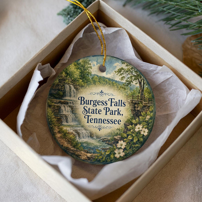 A decorative ornament in a box, featuring a scenic image ofBURGEOUS FALLS STATE PARK, TENNESSEE.