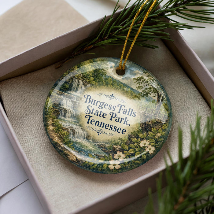 A decorative ornament with a scenic image of a waterfall and forest, placed in a box with pine branches.