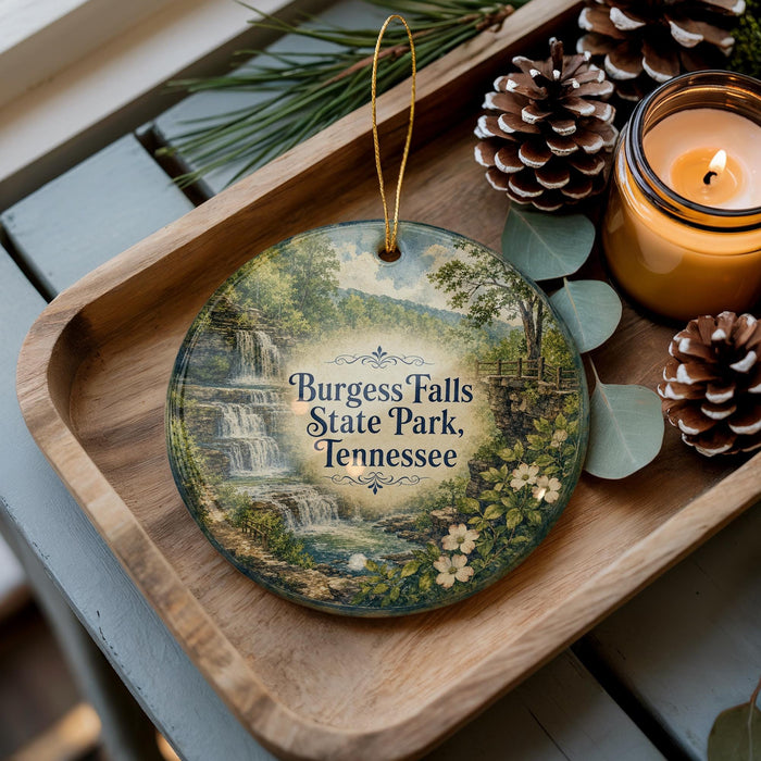 A decorative ornament featuring a scenic image ofBURGESS FALLS State Park, Tennessee, with pine cones and a lit candle on a wooden tray.