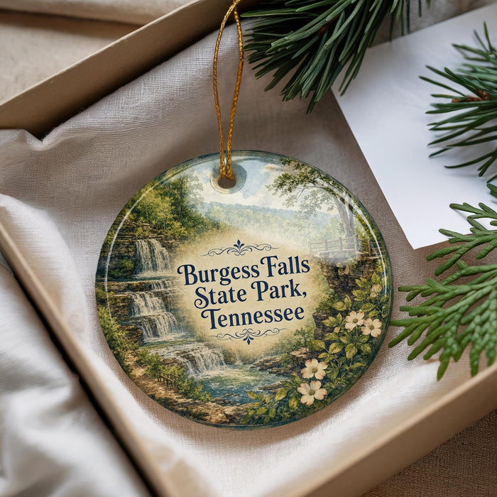 A decorative ornament with a scenic image of a waterfall and greenery, hanging from a string.