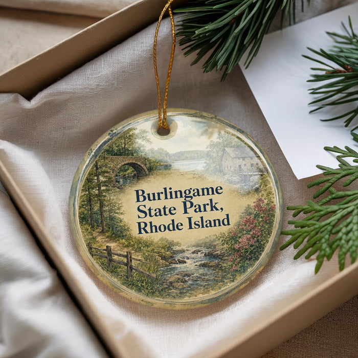 A round ornament with a scenic landscape of burlingame state park, Rhode island, hanging from a string.