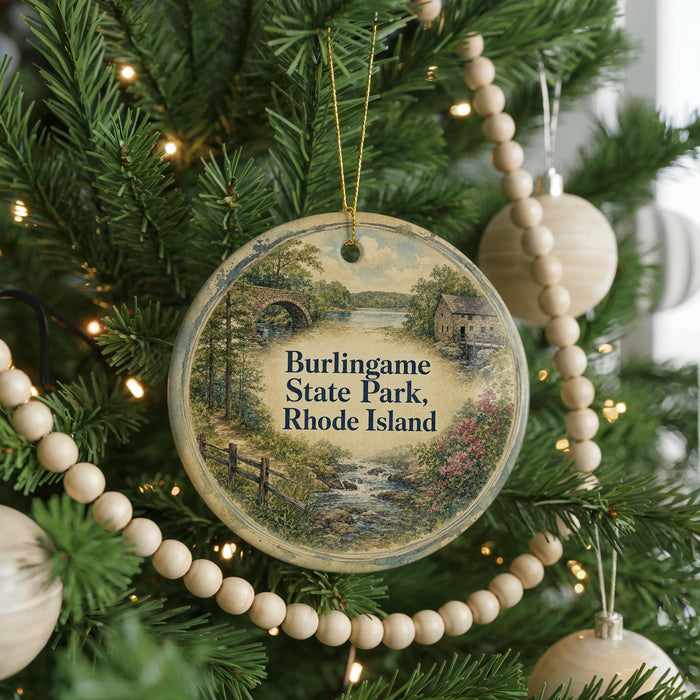 A round ornament hanging on a Christmas tree, featuring a scenic landscape with a bridge and water.