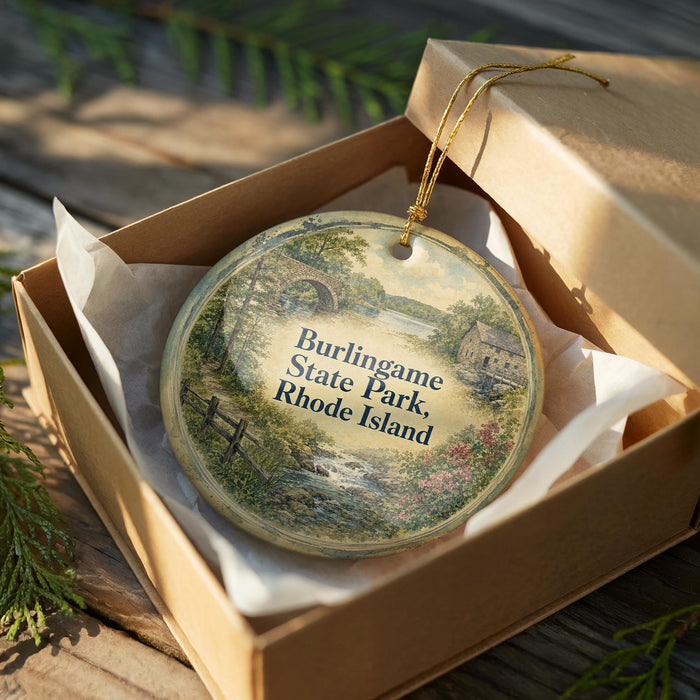 A round ornament in a box, featuring a scenic landscape with a river, bridge, and trees, with the text "Burlingame State Park, Rhode Island" printed on it.