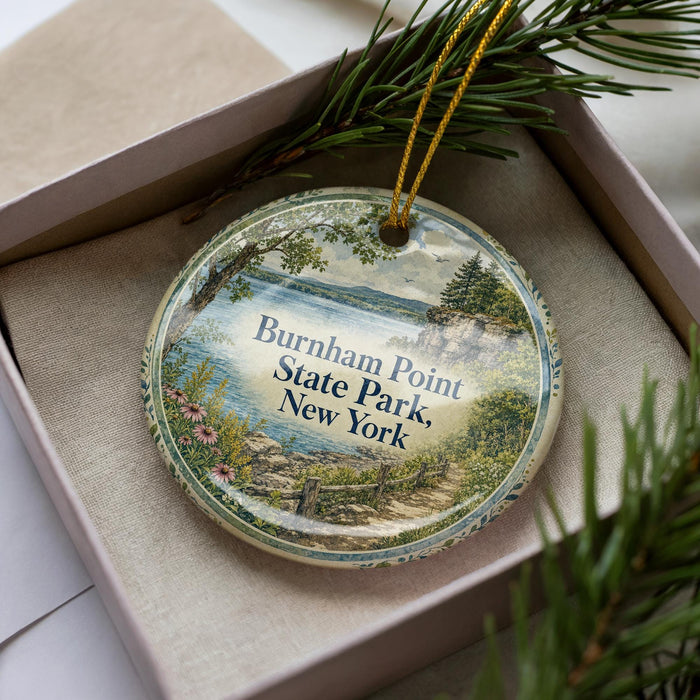 A decorative ornament in a box, featuring a scenic image of Burnham Point State Park in New York.