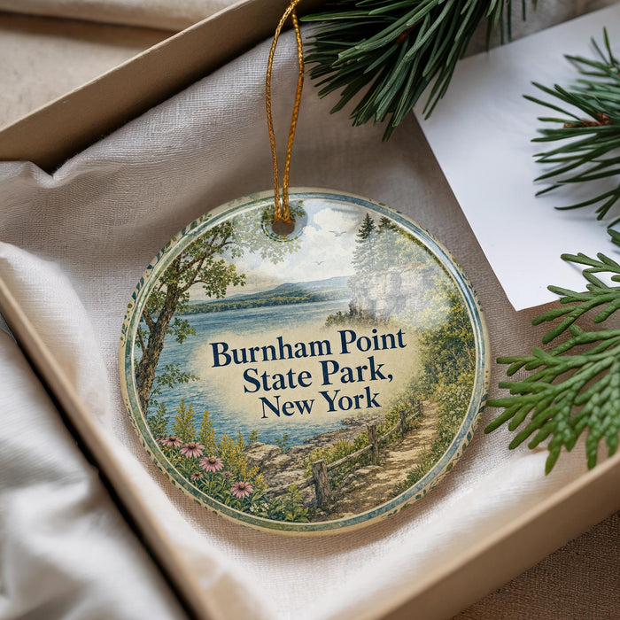 A decorative ornament with a scenic landscape of Burnham Point State Park, New York, hanging from a string.