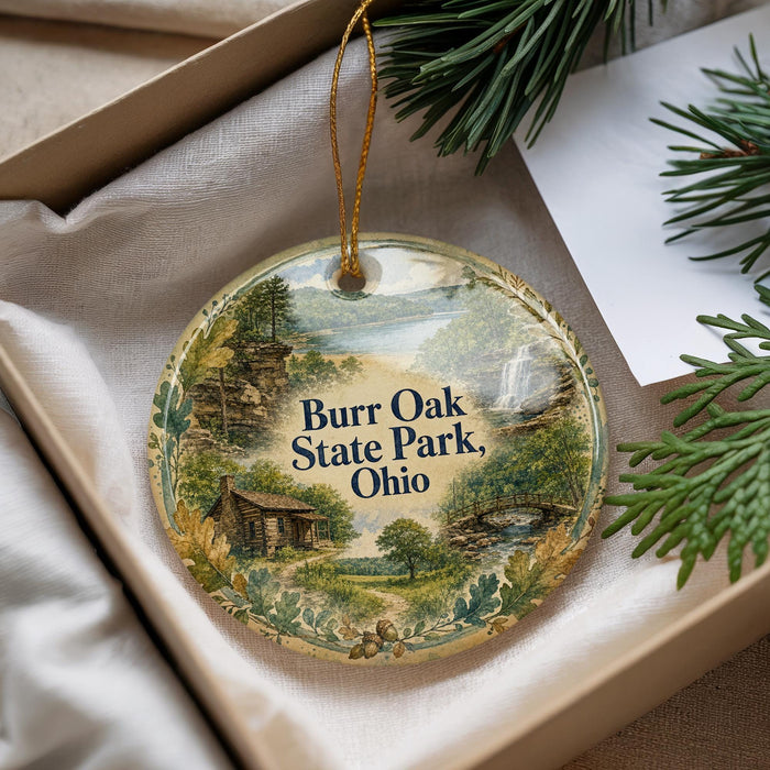 A decorative ornament with a scenic landscape of Burr Oak State Park, Ohio, featuring a cabin, trees, and a waterfall.