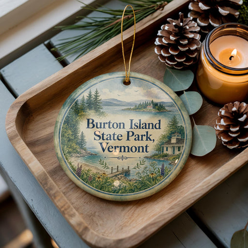 A decorative ornament with a scenic image of Burton Island State Park, Vermont, featuring a lake, mountains, and pine trees. The ornament is placed on a wooden tray, with pine cones and a lit candle nearby.