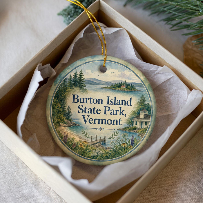 A round ornament with a scenic image of a park, featuring a lake, mountains, and a house, is displayed in a box.