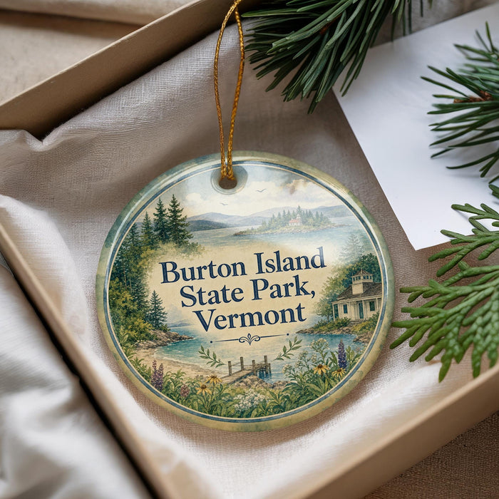 A decorative ornament with a scenic image of Burton Island State Park, Vermont, hanging from a string.