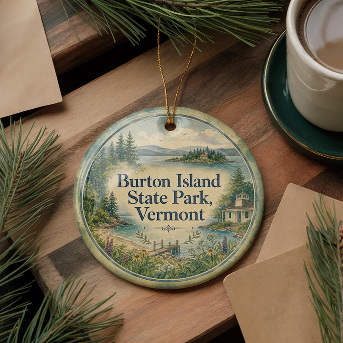 A decorative ornament with the text "Burton Island State Park, Vermont" on it, surrounded by pine branches and a cup of coffee on a wooden surface.