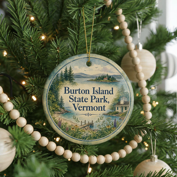 A round ornament hanging on a Christmas tree, featuring a scenic image of Burton Island State Park, Vermont.