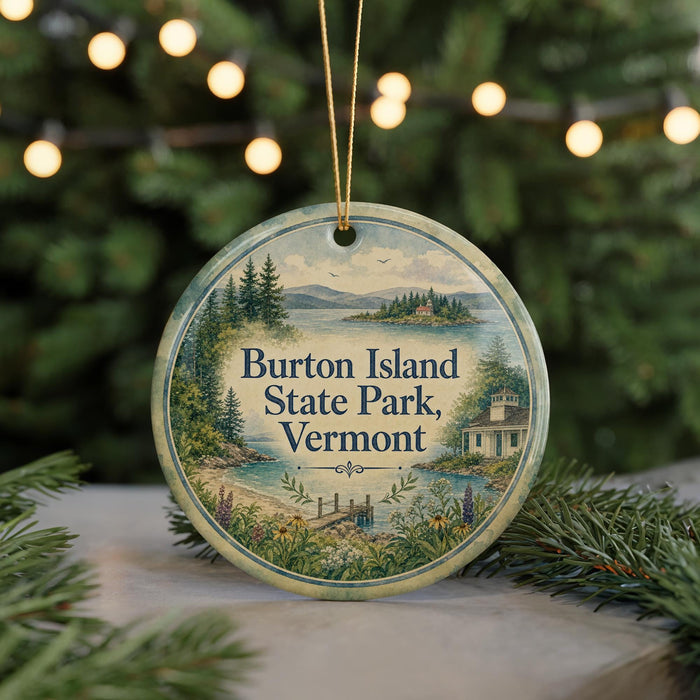 A round ornament with a scenic landscape of a lake, mountains, and pine trees, along with the text "Burton Island State Park, Vermont".