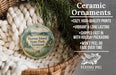 Ceramic ornaments, specifically a round ornament with a scenic view of Vermont State Park, are displayed in a woven basket.