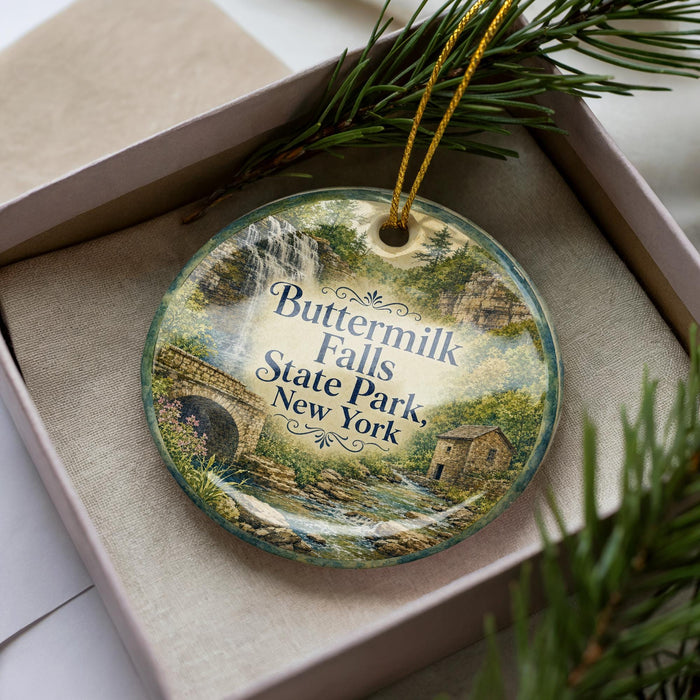 A decorative ornament with a scenic image of Buttermilk Falls State Park in New York, featuring a waterfall, bridge, and lush greenery.
