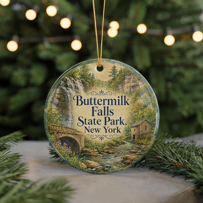 A round ornament with a scenic image of Buttermilk Falls State Park, New York, hanging from a string.