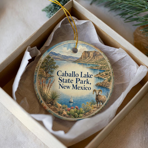 A decorative ornament in a box, featuring a scenic landscape with a lake, mountains, and a goat.