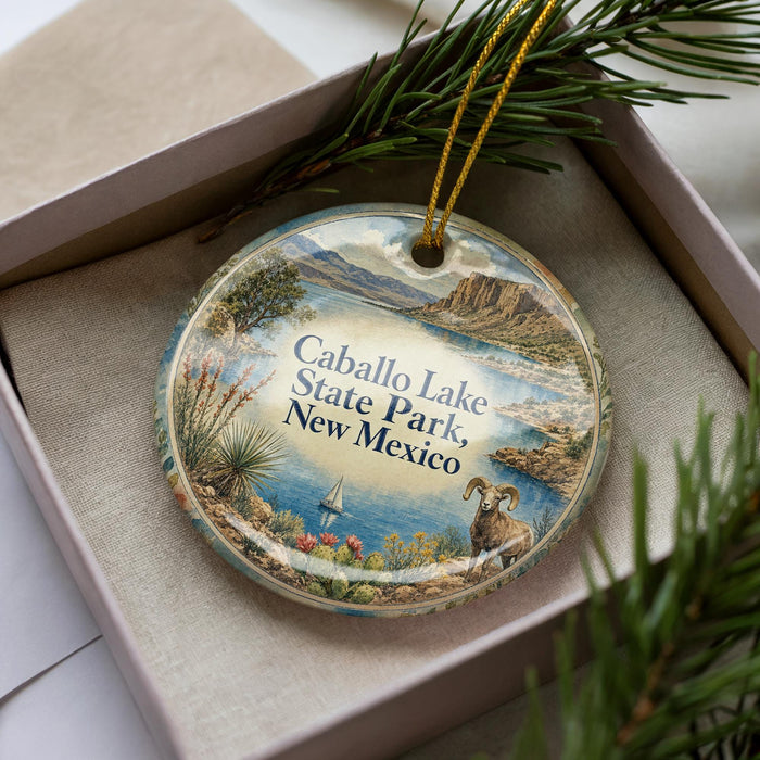 A decorative ornament in a box, featuring a scenic landscape with a lake, mountains, and a sailboat.
