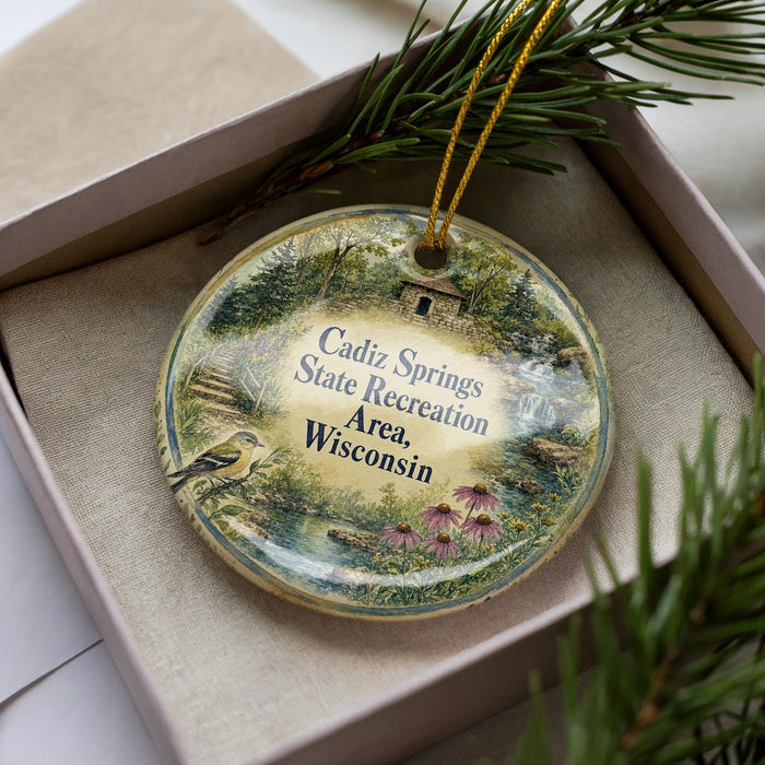 A decorative ornament with a landscape scene featuring a bird, flowers, and a building, placed in a box with pine branches.