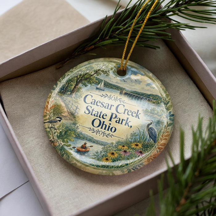 A decorative ornament in a box, featuring a scenic image of Caesar Creek State Park, Ohio.
