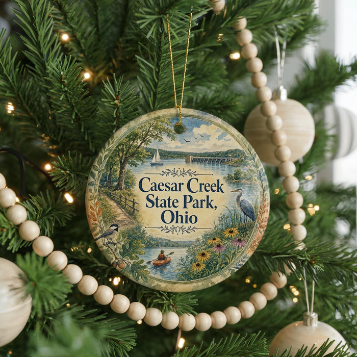 A round ornament hanging on a Christmas tree, featuring a scenic image of Caesar Creek State Park, Ohio.