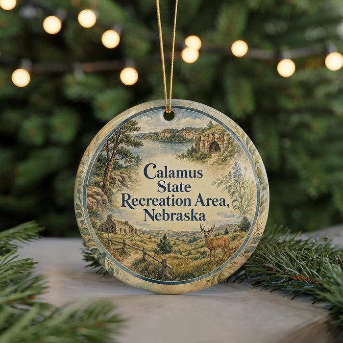 A round ornament with a scenic landscape and text, hanging on a string.