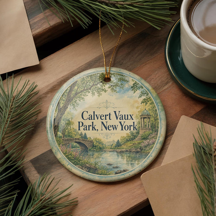A round ornament with a scenic landscape of Calvert Vaux Park, New York, hangs on a wooden surface.
