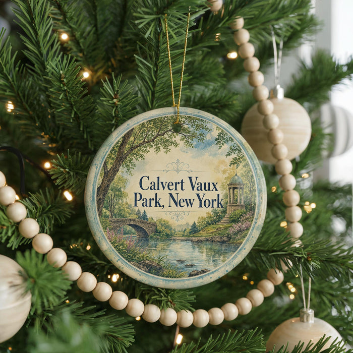 A round ornament on a Christmas tree, featuring a scenic landscape with a river and a bridge, with the text "Calvert Vaux Park, New York" displayed on it.