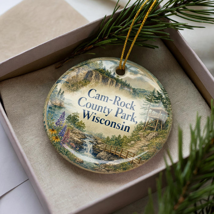 A decorative ornament in a box, featuring a scenic landscape with a waterfall, pine trees, and a bridge.