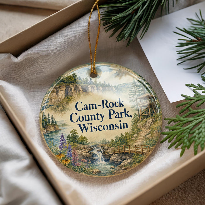 A decorative ornament with a scenic landscape of Cam-Rock County Park, Wisconsin, featuring a waterfall, pine trees, and a bridge.