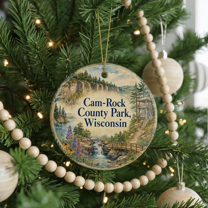 A round ornament hanging on a Christmas tree, featuring a scenic landscape with a waterfall and a bridge.