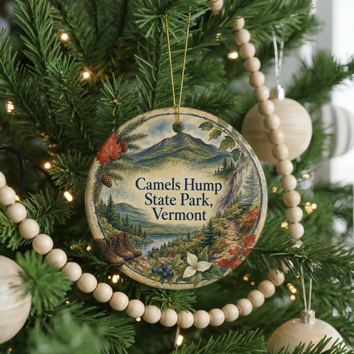 A round ornament on a Christmas tree, featuring a scenic landscape with mountains, pine trees, and a river.