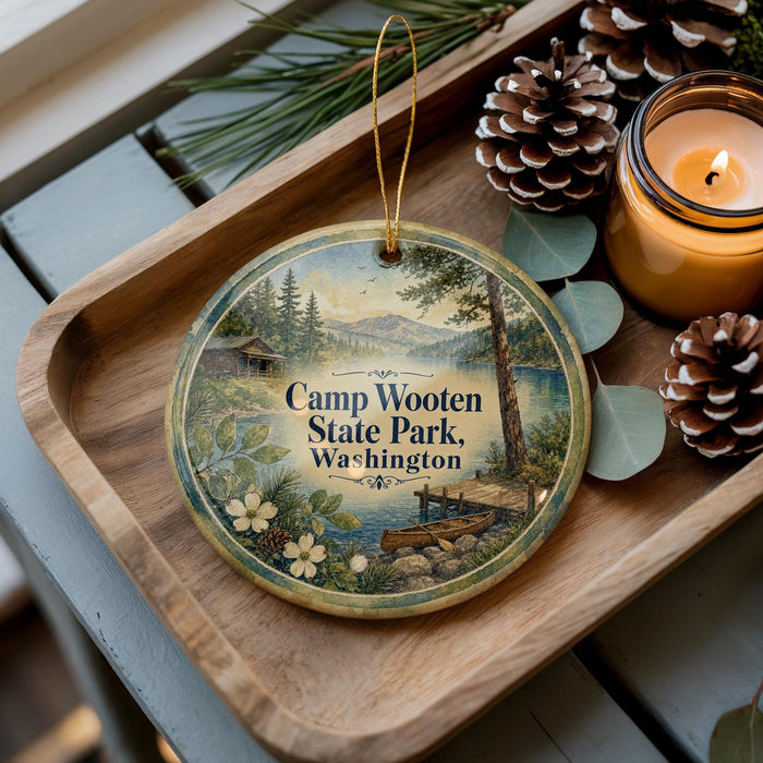 A wooden tray with a decorative ornament featuring a scenic landscape of Camp Wooten State Park in Washington, accompanied by pine cones and a lit candle.