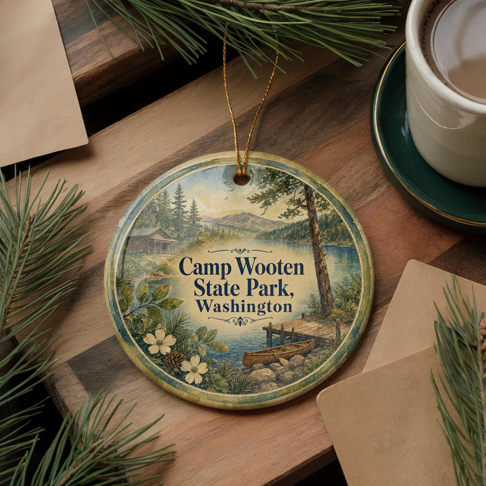A round ornament with a scenic image of Camp Wooten State Park, Washington, featuring a cabin, lake, and pine trees.