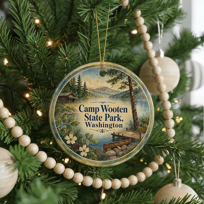 A round ornament on a Christmas tree, featuring a scenic image of Camp Wooten State Park in Washington.