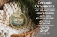 Ceramic ornaments, specifically those shaped like a canoe and picnic point, are displayed in a woven basket. The text highlights the ornaments as "Ceramic Ornaments" and mentions their features such as "Cozy, high-quality prints", "Vibrant & long lasting", "Shipped fast in with holiday packaging", and " Won't peel or fade over time". The image also includes a logo for "Flying Pig - SIGN COMPANY".