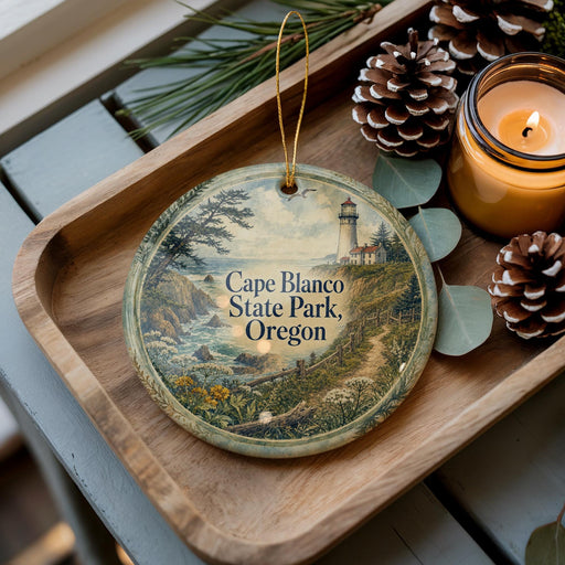 A decorative ornament featuring a lighthouse and a scenic landscape, placed on a wooden tray alongside pine cones and a lit candle.