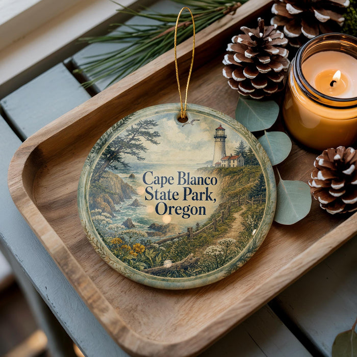 A decorative ornament featuring a lighthouse and a scenic landscape, placed on a wooden tray alongside pine cones and a lit candle.