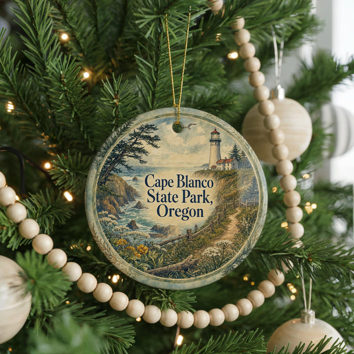 A round ornament hanging on a Christmas tree, featuring a lighthouse and a coastal landscape.