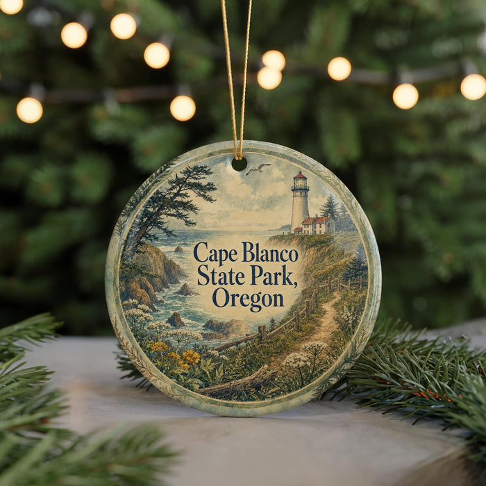 A round ornament with a lighthouse and a coastal landscape, featuring the text "Cape Blanco State Park, Oregon".