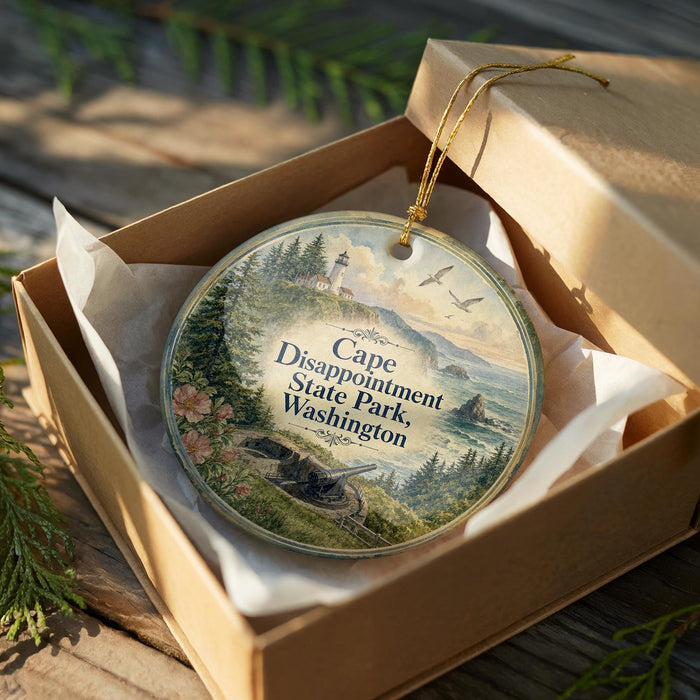 A round ornament in a box, featuring a scenic landscape with a lighthouse and mountains, with the text "Cape Disappointment State Park Washington" printed on it.