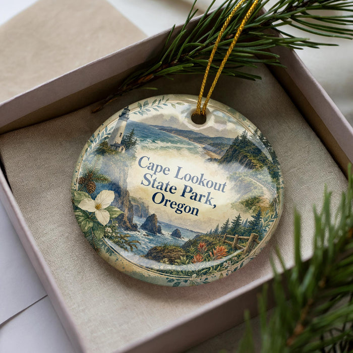 A decorative ornament with a lighthouse and a scenic landscape, featuring the text "Cape Lookout State Park, Oregon".