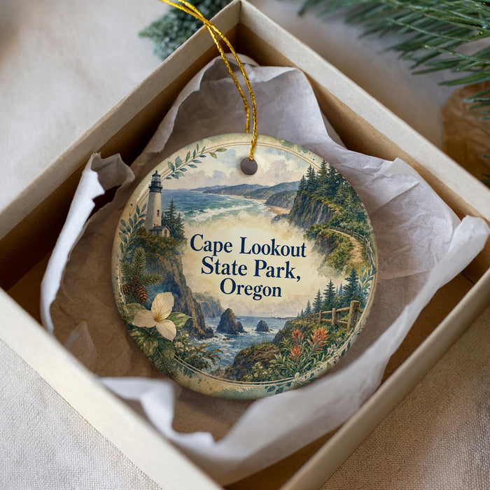 A decorative ornament in a box, featuring a lighthouse and a scenic landscape, with the text "Cape Lookout State Park, Oregon" printed on it.