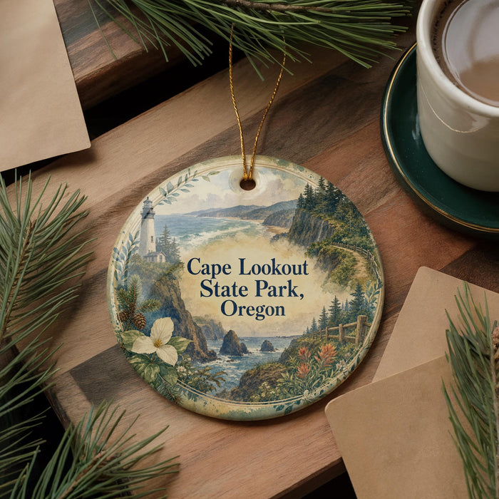 A decorative ornament featuring a lighthouse and a scenic landscape, with the text "Cape Lookout State Park, Oregon" prominently displayed.