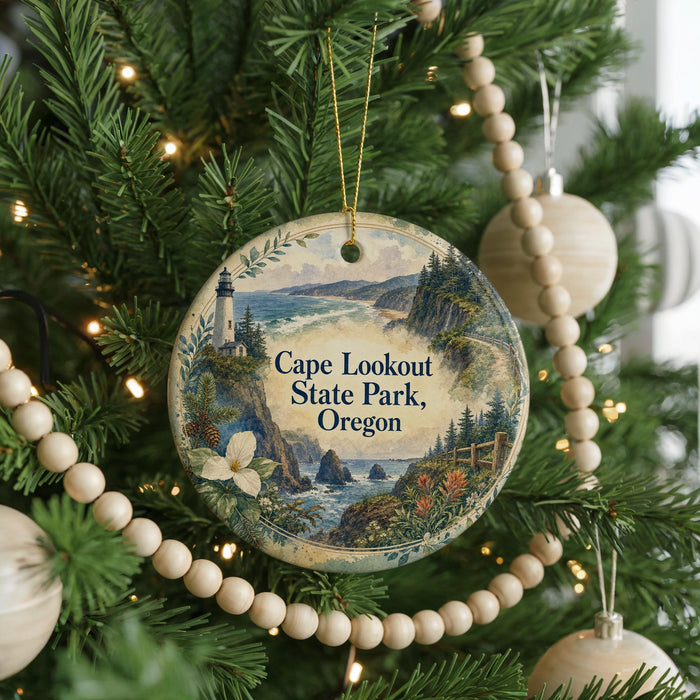 A round ornament hanging on a Christmas tree, featuring a lighthouse and a scenic landscape.