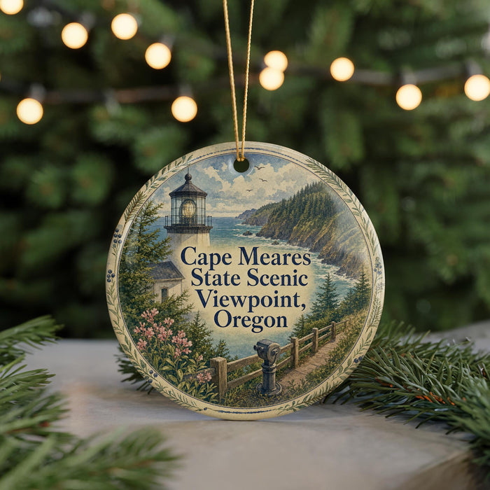 A round ornament featuring a lighthouse and a scenic view of Cape Meares State Scenic Viewpoint, Oregon.