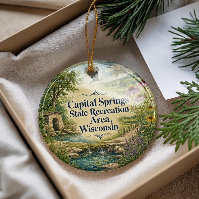 A decorative ornament with a scenic landscape, featuring a river, trees, and a bridge, is displayed in a box with pine branches.