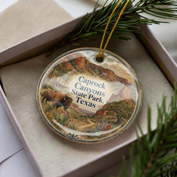 A decorative ornament featuring a scenic image of Caprock Canyon State Park, Texas, with a bison and desert landscape.