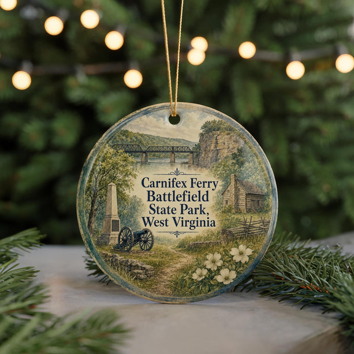 A round ornament featuring a scenic landscape with a bridge, a cabin, and a field with flowers, hanging from a string.