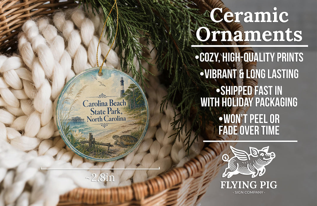 Ceramic ornaments, featuring a lighthouse and beach scene, are displayed in a woven basket.